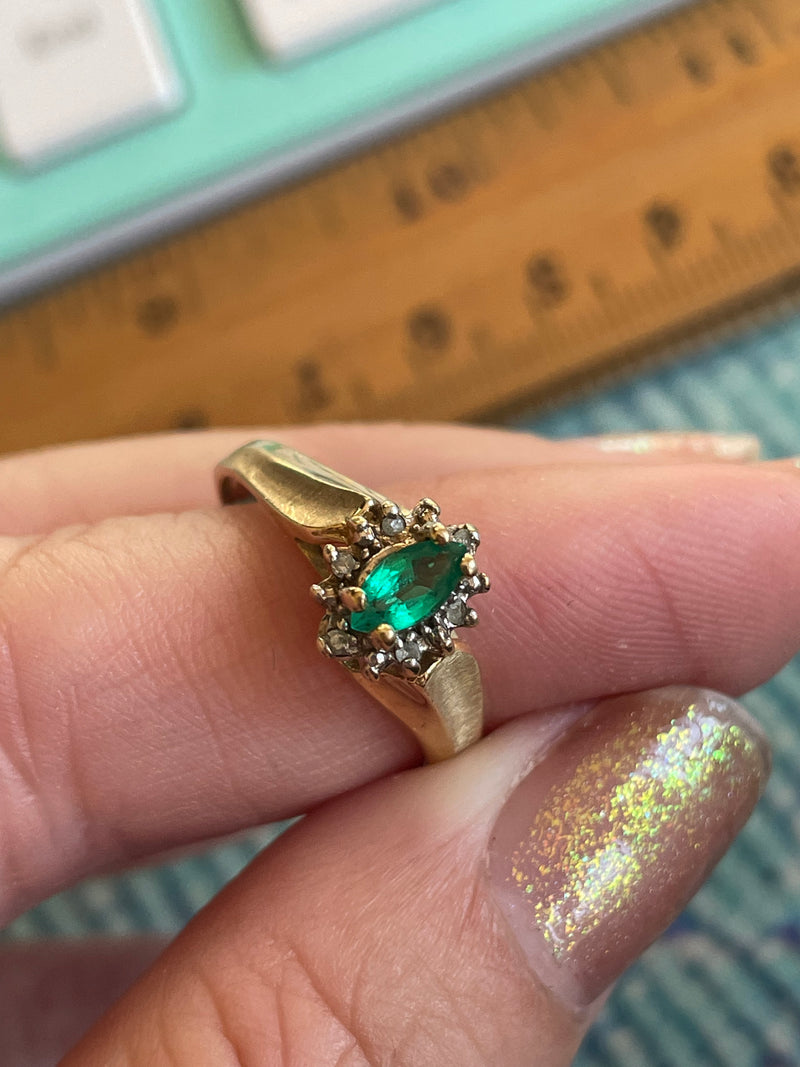 Emerald Diamond Halo Ring - 10k Gold - Vintage