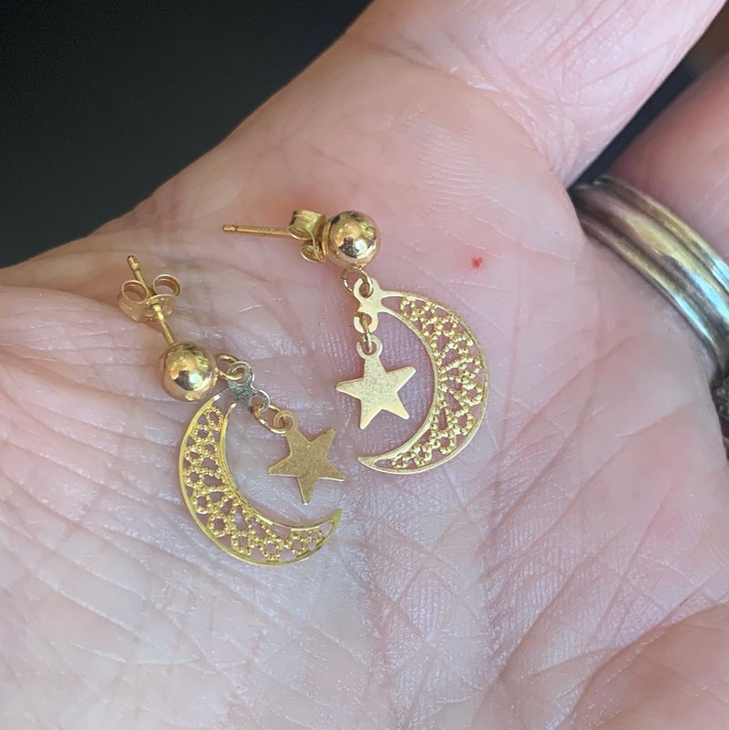 Filigree Moon Star Earrings - 14k Gold - Vintage