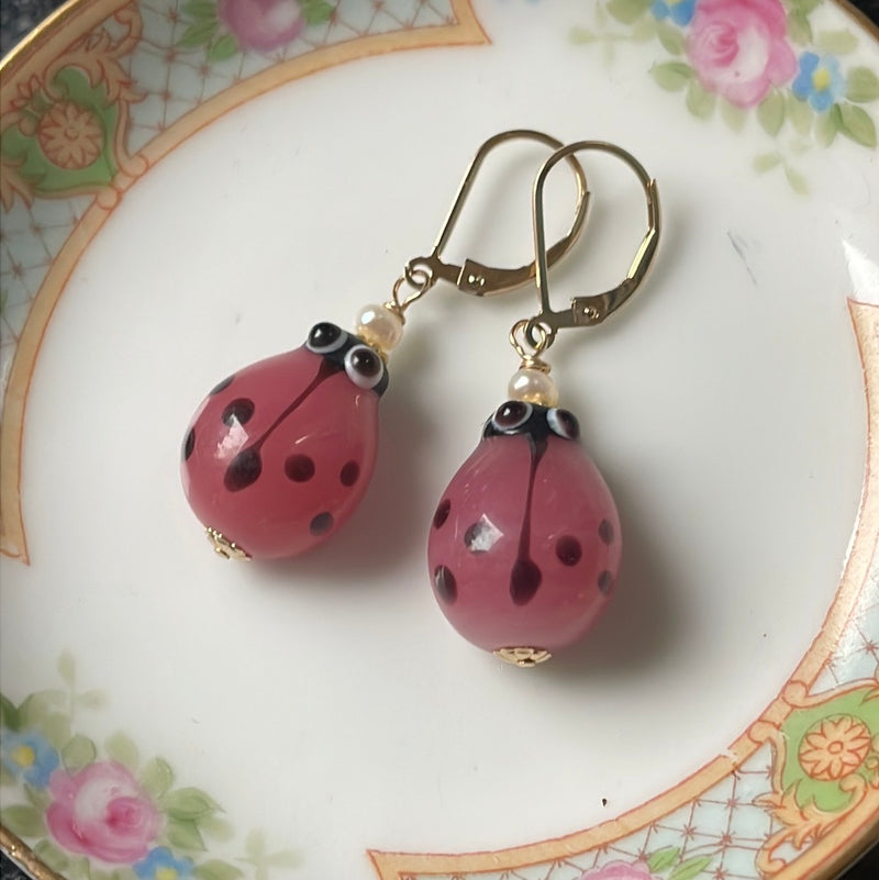 Ladybird Earrings - Vintage Beads - Pearl - Gold Filled - Handmade