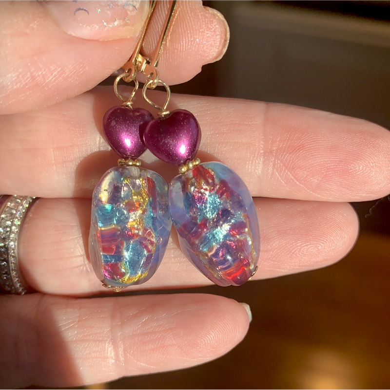 Heart Foil Glass Earrings - Gold Filled Findings - Handmade