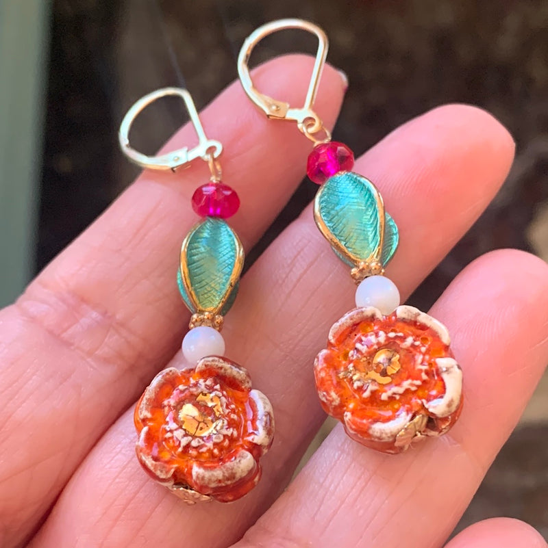 Bohemian Flower Earrings - Porcelain - Opal Glass - Gold Filled - Handmade