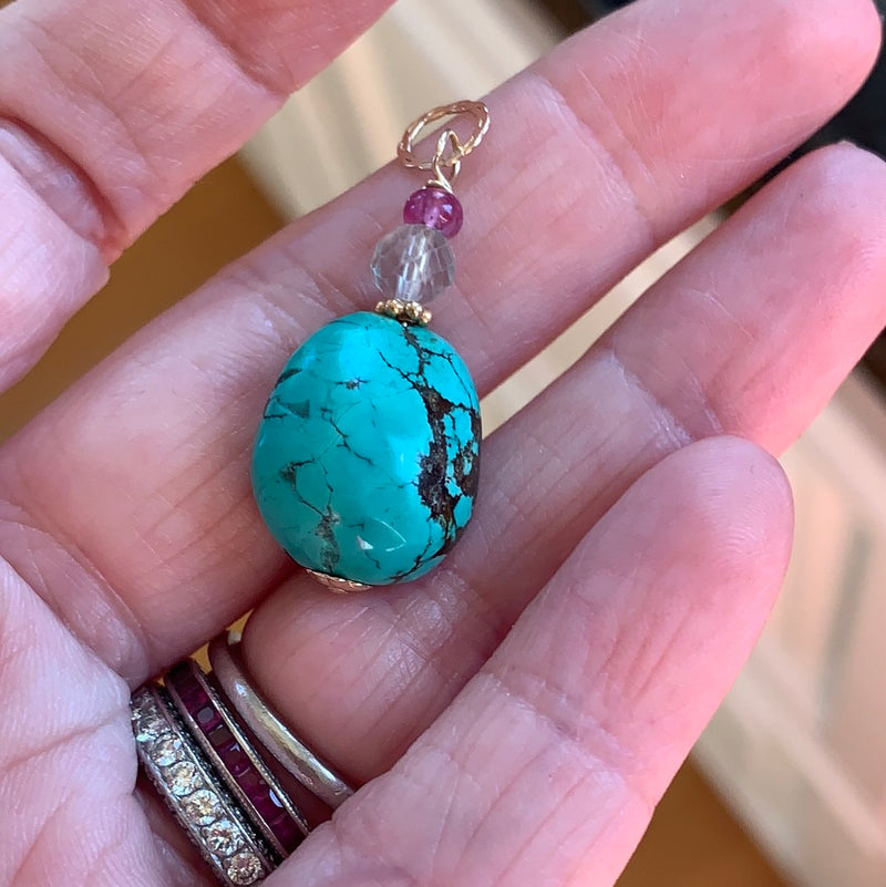 Turquoise Pendant - Ruby and Fluorite - Gold Filled