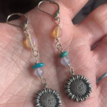 Sunflower Earrings - Opal, Chalcedony and Turquoise - Sterling Silver - Vintage