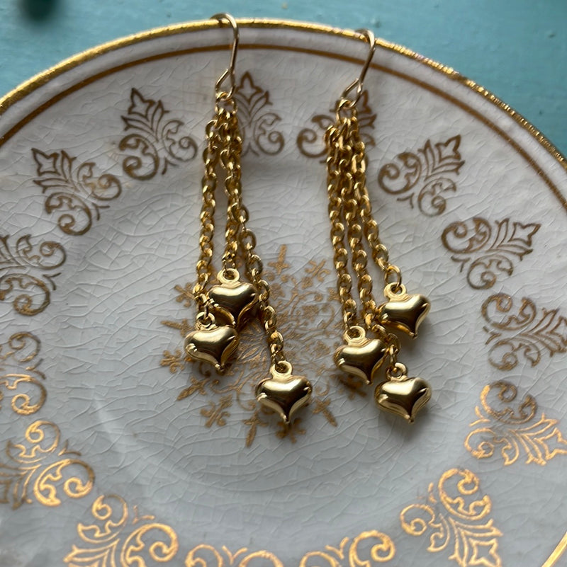 Chain Heart Drop Earrings - 14k Gold - Vintage