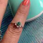 Emerald Diamond Flower Ring - 14k White Gold - Vintage