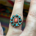 Turquoise Coral Cluster Ring - Native American - Sterling Silver - Vintage