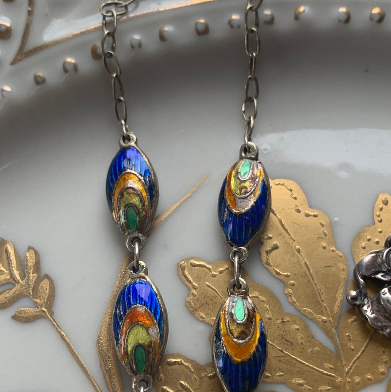 enamel-peacock-feather-necklace-sterling-silver-vintage