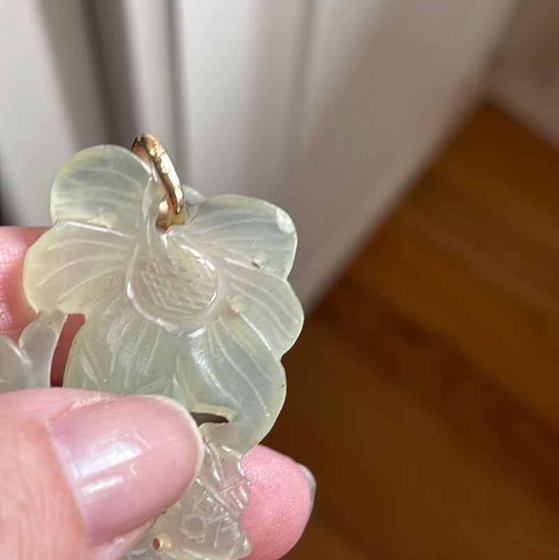 Huge Carved Jade Flower Pendant - 14k Gold - Vintage