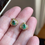 Emerald Diamond Halo Stud Earrings - 10k Gold - Vintage
