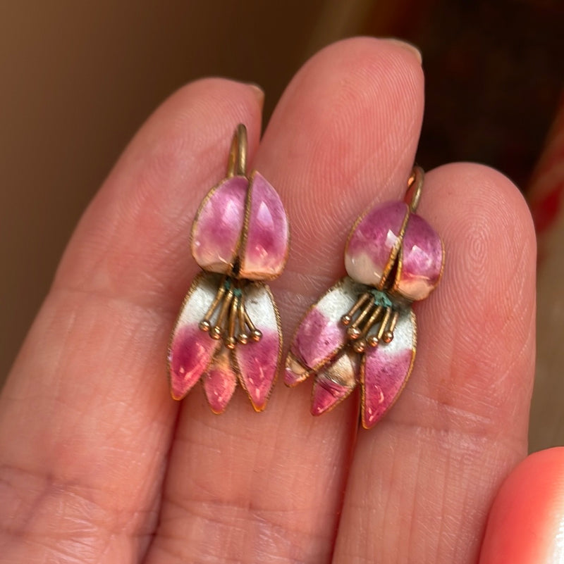 Enamel Orchid Flower Earrings - Sterling Silver - Vintage