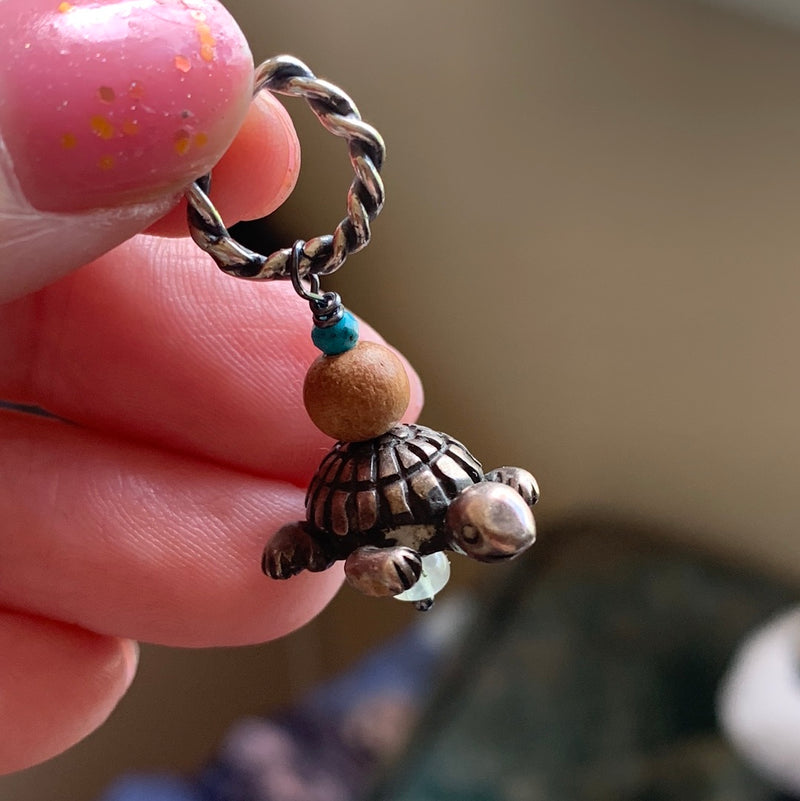 Turtle Pendant - Vintage Native American Turtle Bead - Prehnite, Sandalwood and Turquoise - Sterling Silver