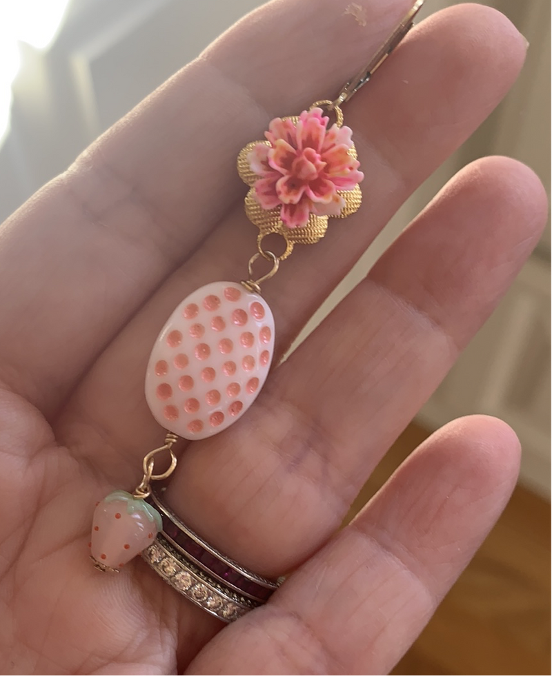 Strawberry Flower Basket Earrings - Gold Filled - Handmade