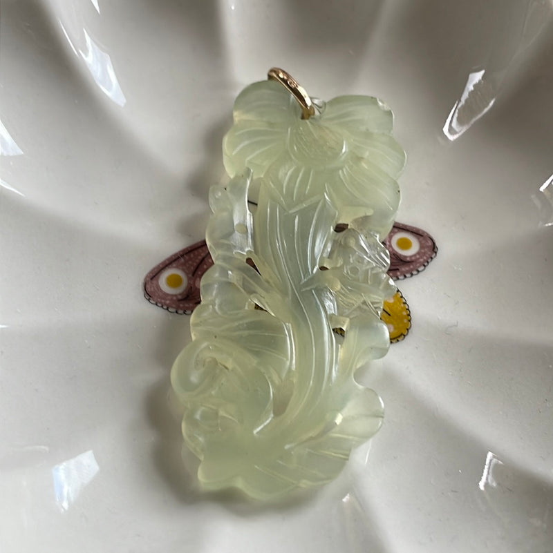 Huge Carved Jade Flower Pendant - 14k Gold - Vintage