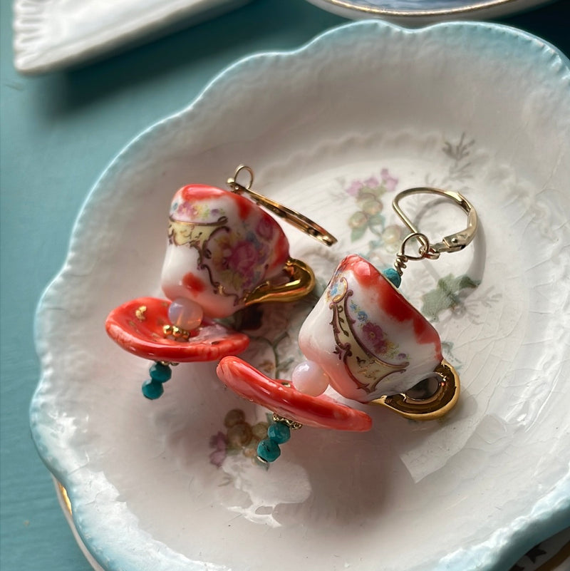 Ceramic Tea Cup Earrings - Opal Glass - Handmade
