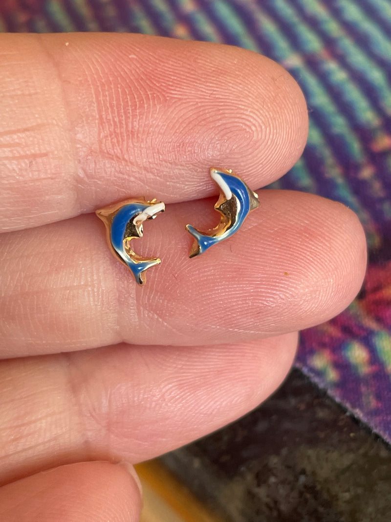 Enamel Dolphin Earrings - 14k Gold - Vintage