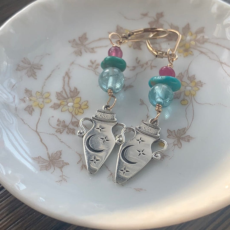 Magic Potion Earrings - Apatite, Turquoise and Ruby - Sterling Silver and Gold Filled - Handmade