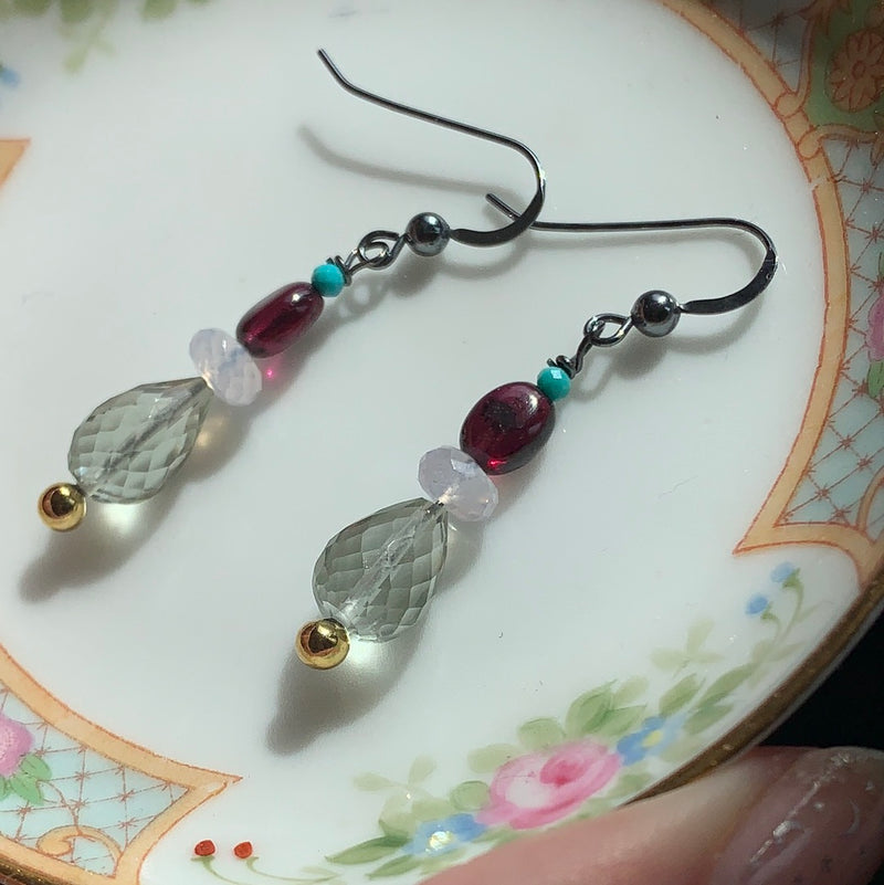 Prehnite Earrings - Lavender Moon Quartz, Garnet and Sleeping Beauty Turquoise- Sterling Silver - Handmade