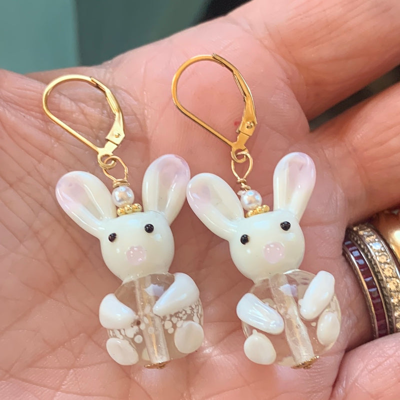 Glass Rabbit Earrings - Pearl - Gold Filled - Handmade