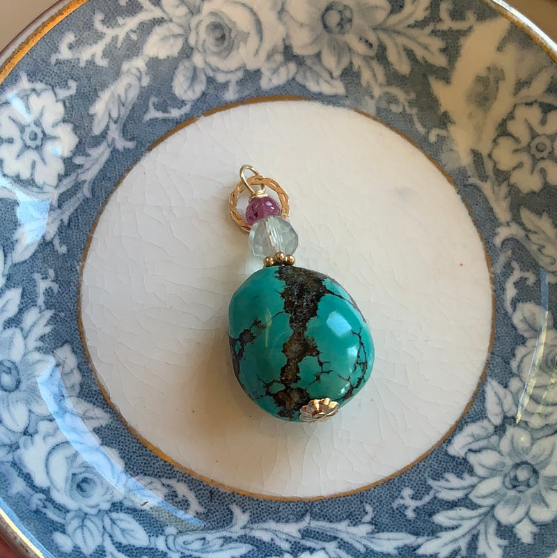 Turquoise Pendant - Ruby and Fluorite - Gold Filled