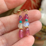 Gemstone Totem Earrings - Pink Sapphire, Amethyst, Moonstone and Turquoise - Gold Filled - Handmade