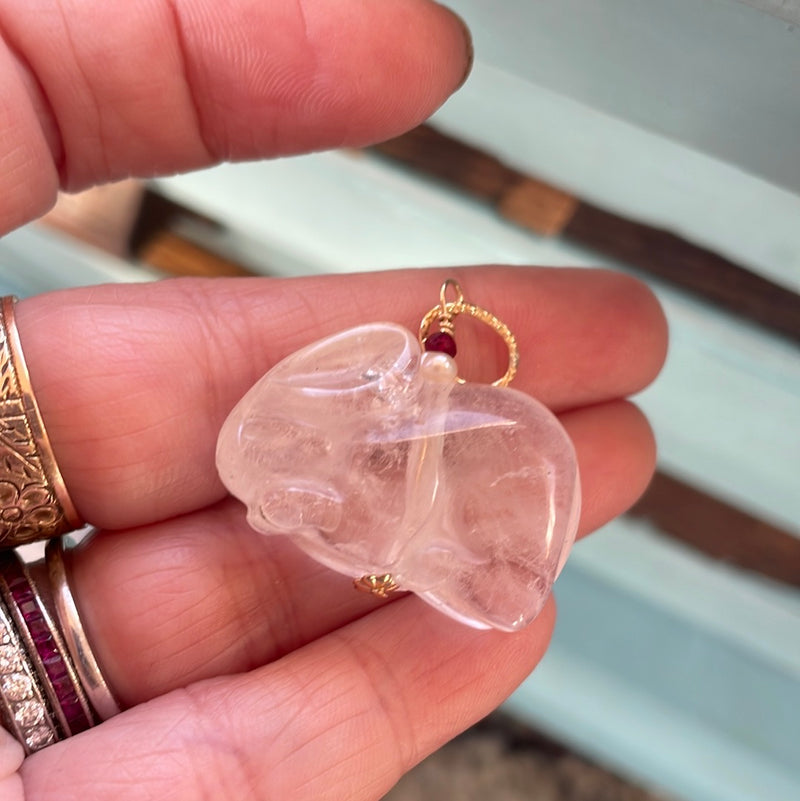 Carved Quartz Rabbit Talisman - Ruby and Pearl - Gold Filled Findings and Chain - Handmade