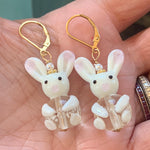 Glass Rabbit Earrings - Pearl - Gold Filled - Handmade