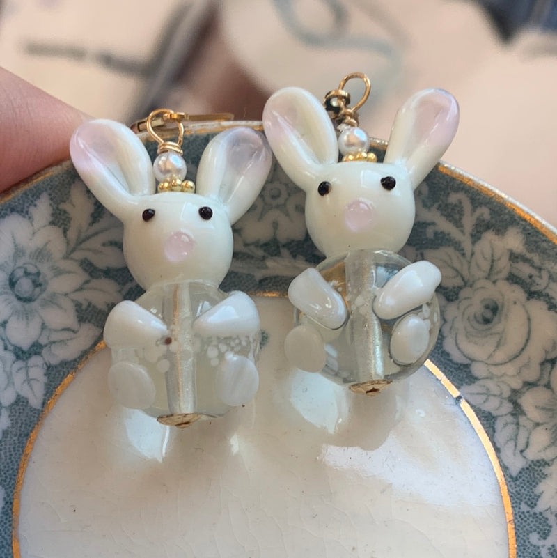 Glass Rabbit Earrings - Pearl - Gold Filled - Handmade