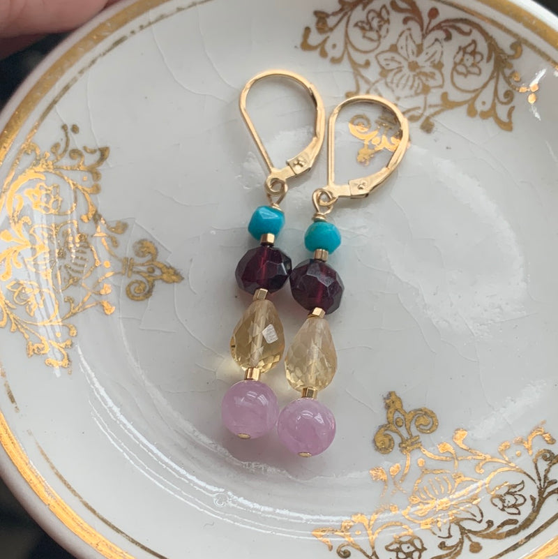Gemstone Totem Earrings - Kunzite, Citrine, Garnet and Turquoise - Gold Filled - Handmade