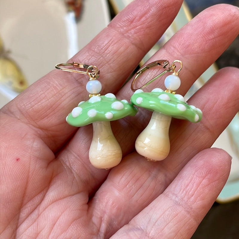 Glass Mushroom Earrings - Gold Filled - Handmade