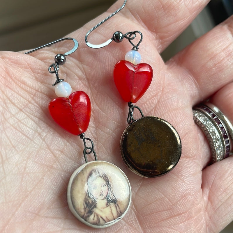 Alice Earrings - Glass Heart Beads - Vintage Opal Glass - Sterling Silver - Handmade