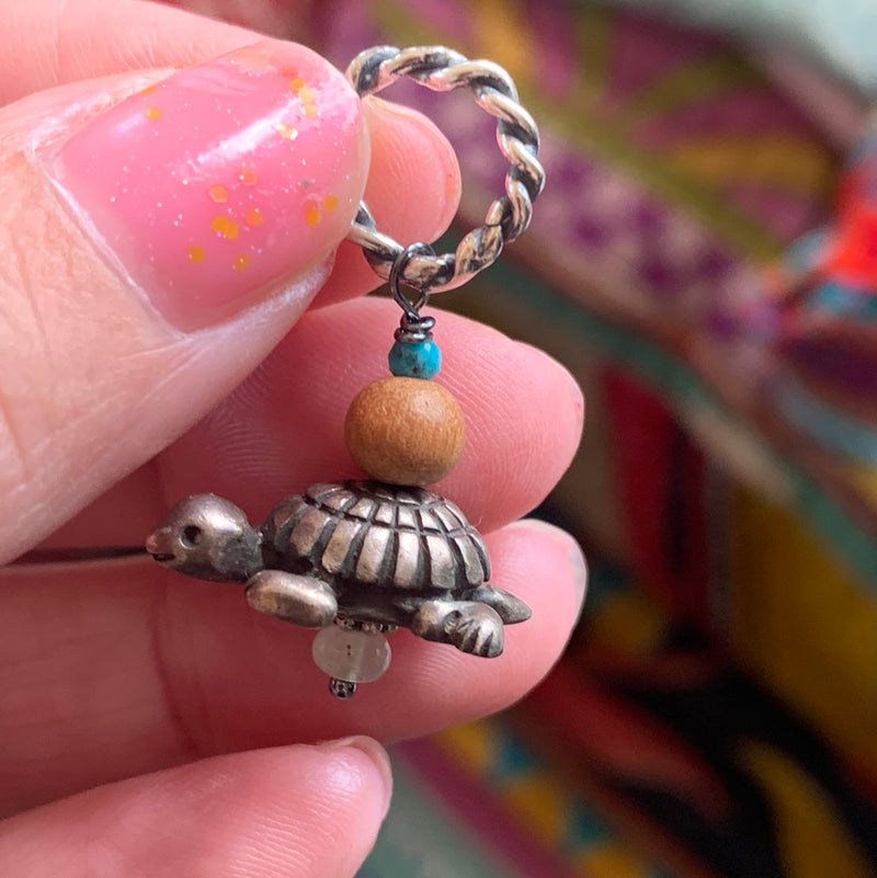 Turtle Pendant - Vintage Native American Turtle Bead - Prehnite, Sandalwood and Turquoise - Sterling Silver