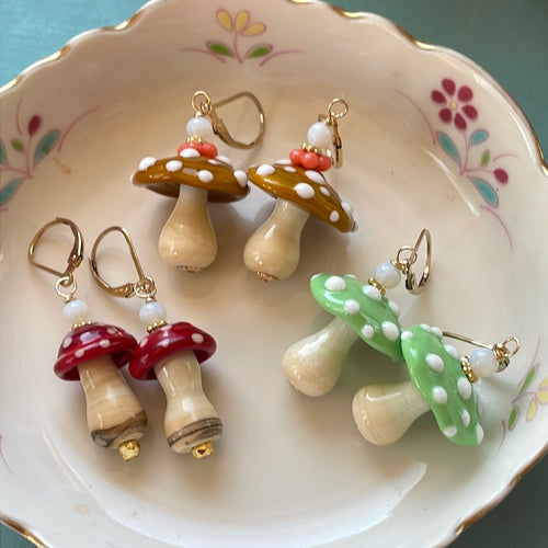 Glass Mushroom Earrings - Gold Filled - Handmade