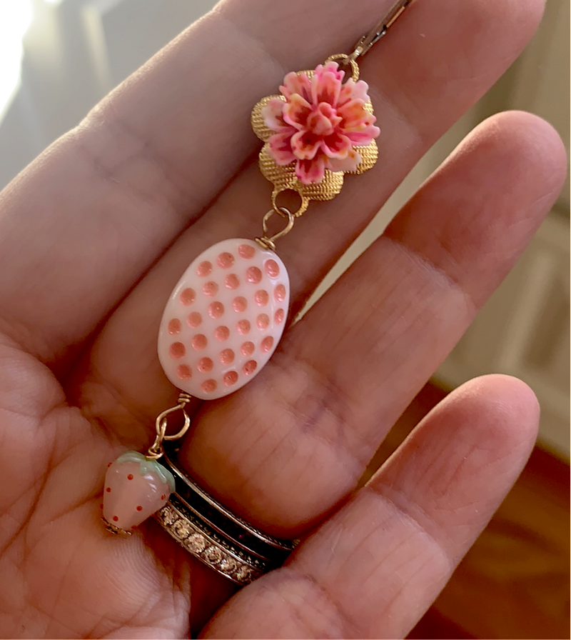 Strawberry Flower Basket Earrings - Gold Filled - Handmade