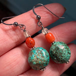 Tibetan Turquoise Earrings - Vintage Coral - Prehnite - Sterling Silver - Handmade