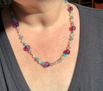 Hand Knotted Gemstone Necklace on Silk - Amethyst, Peach Moonstone, Rainbow Moonstone and Fluorite