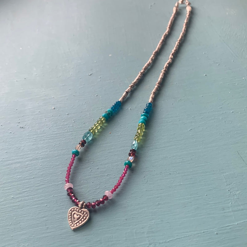 Bohemian Gemstone Necklace - Hill Tribe Engraved Silver - Heart Pendant - Handmade