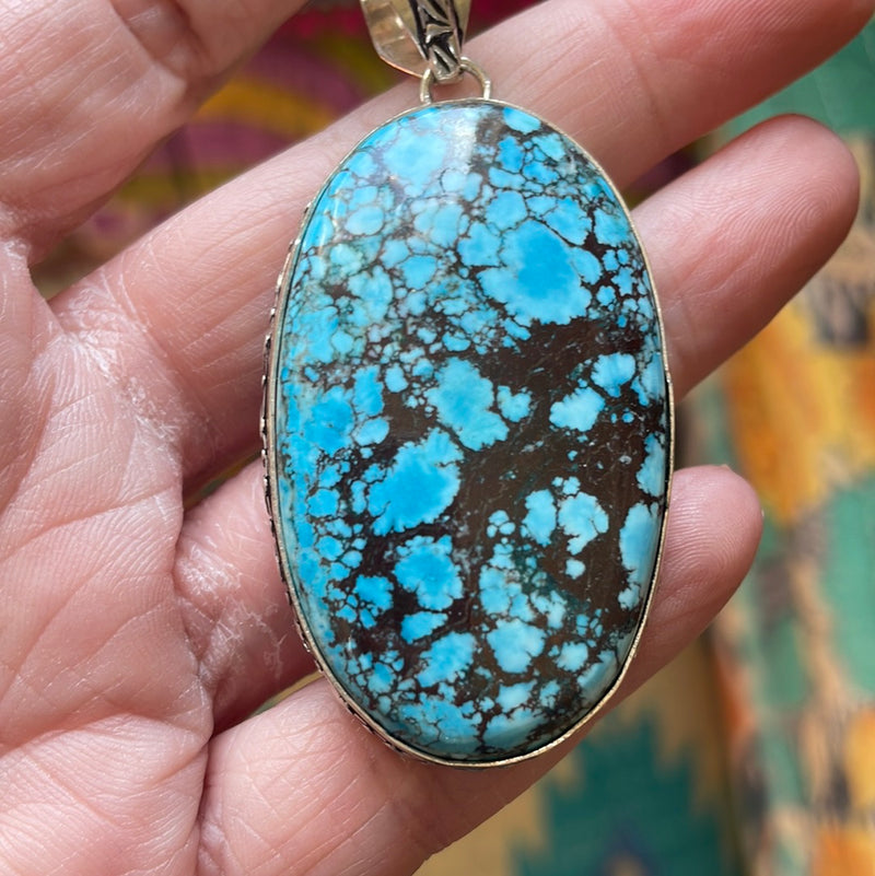 Large Turquoise Pendant - Sterling Silver - Vintage