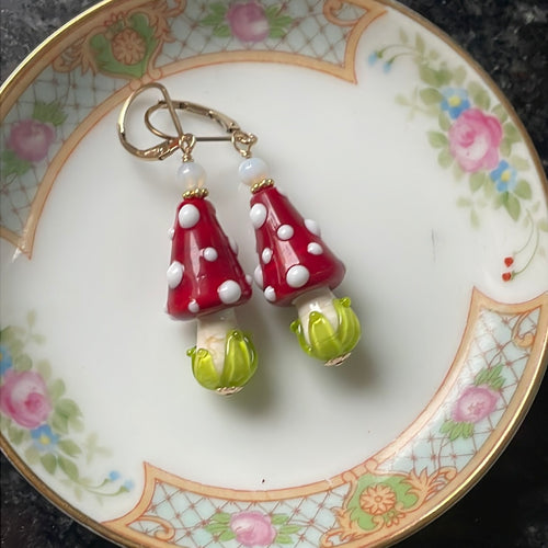 Red Glass Mushroom Earrings - Gold Filled - Handmade