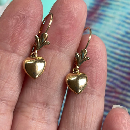 Heart Drop Earrings - 14k Gold - Vintage