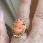 Carved Coral Cameo Ring - 10k Gold - Vintage
