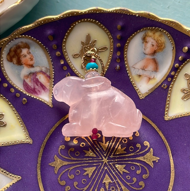 Rose Quartz Rabbit - Turquoise, Lavender Moon Quartz and Ruby - Gold Filled - Handmade