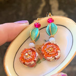 Bohemian Flower Earrings - Porcelain - Opal Glass - Gold Filled - Handmade