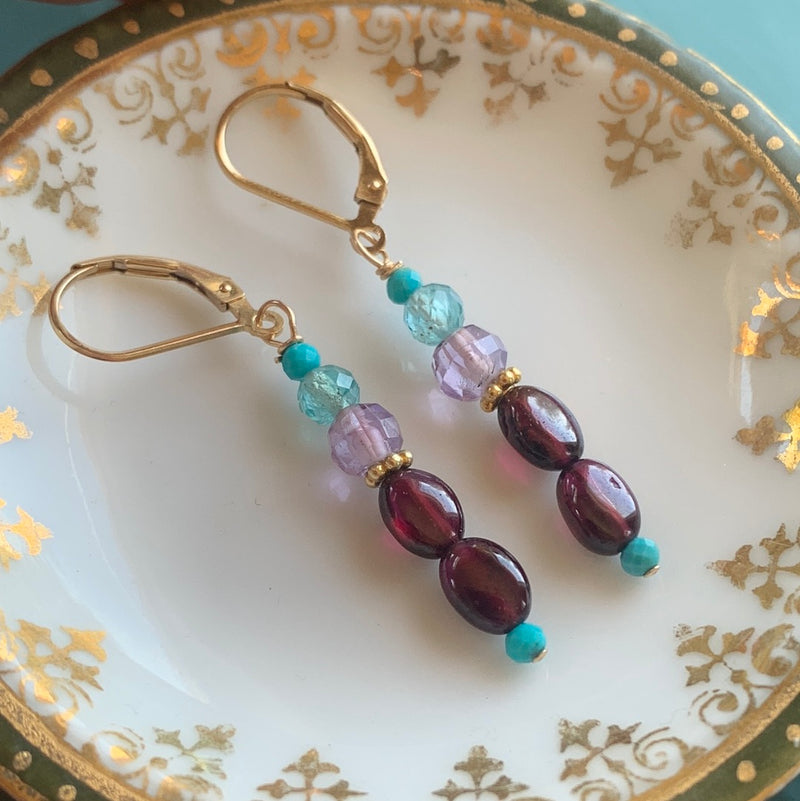 Gemstone Totem Earrings - Garnet, Amethyst, Fluorite and Turquoise - Gold Filled - Handmade