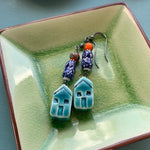 Turquoise House Earrings - Vintage Beads - Oxidized Sterling Silver - Handmade