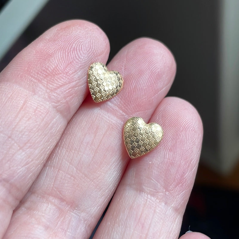 Checked Heart Earrings - 14k Gold - Vintage