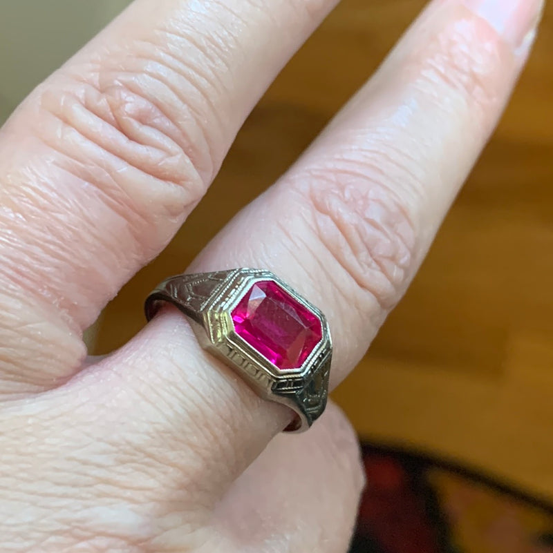Simulated Ruby Ring - 10k White Gold - Vintage
