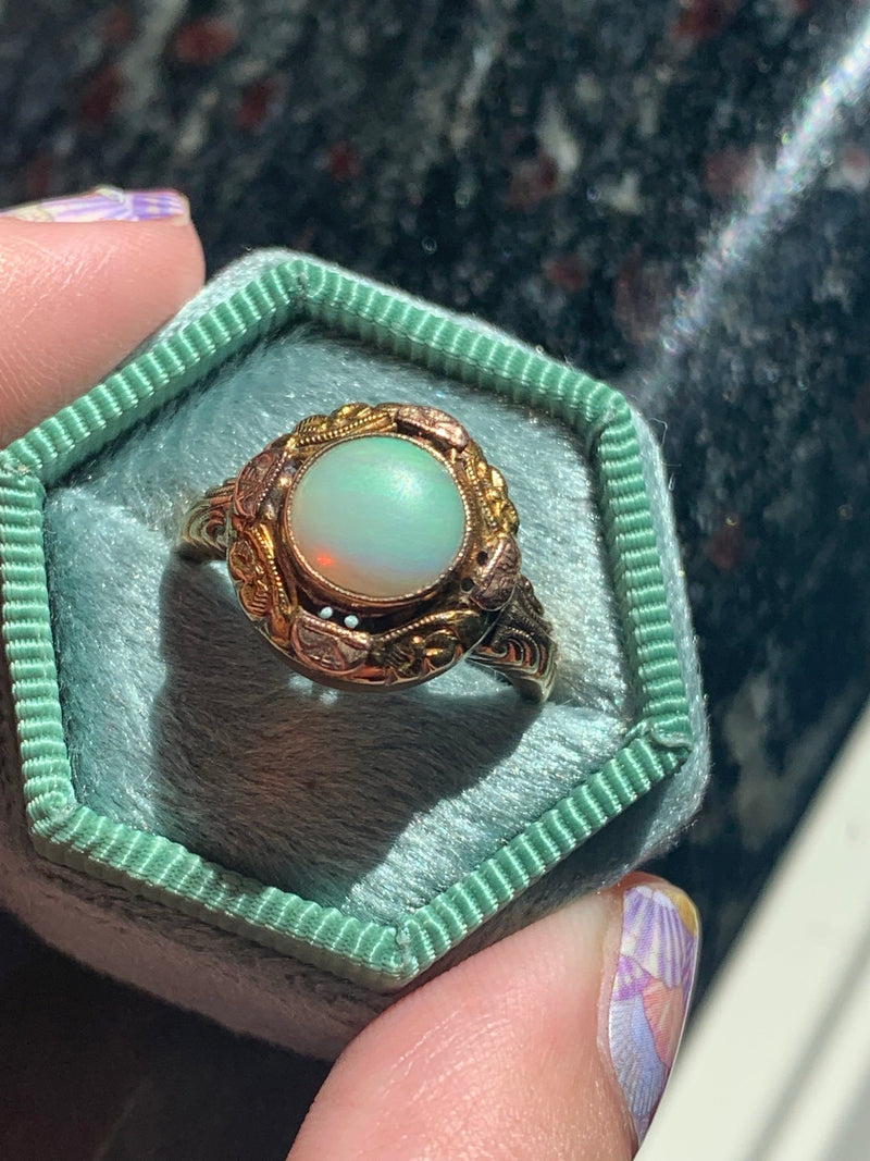 Opal Ring - Rose and Yellow Gold - 10k Gold - Nouveau - Antique
