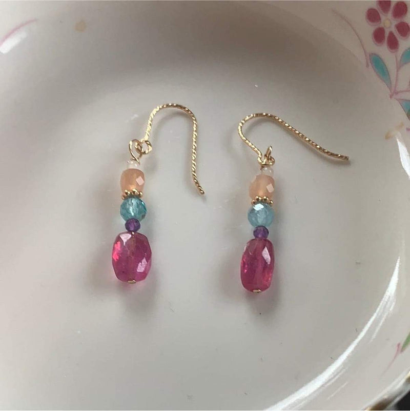 Pink Sapphire Earrings - Apatite, Amethyst, Peach Moonstone and Mother of Pearl - Gold Filled - Handmade