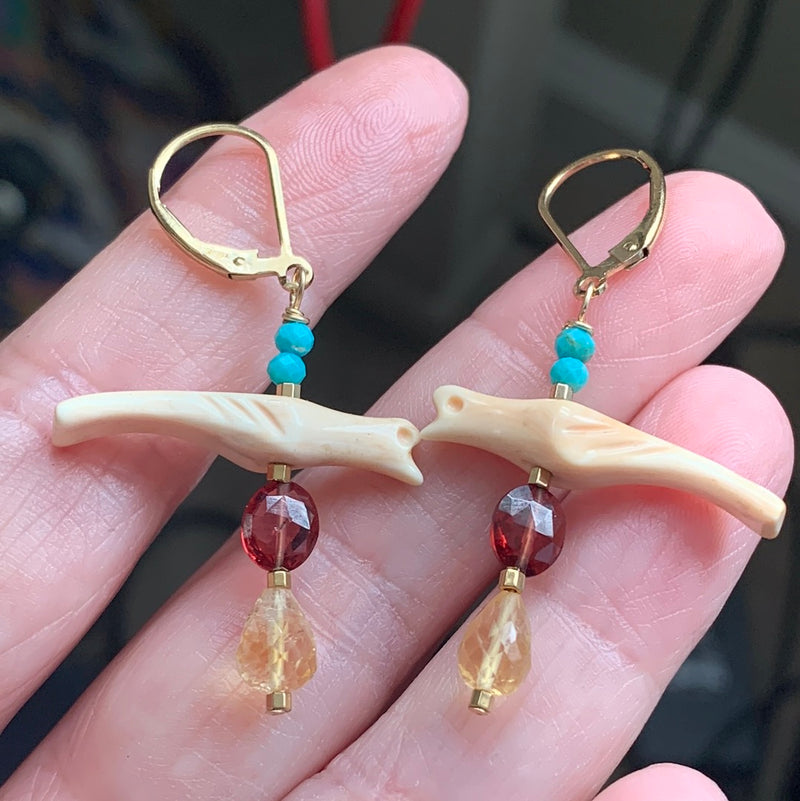 Carved Bird Earrings - Garnet, Citrine and Turquoise - Gold Filled - Handmade