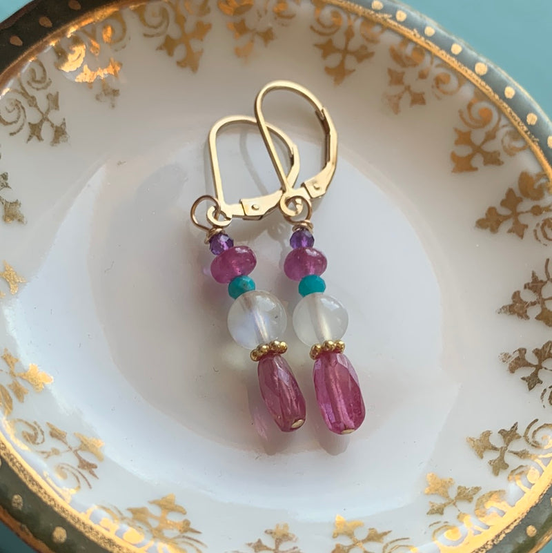 Gemstone Totem Earrings - Pink Sapphire, Amethyst, Moonstone and Turquoise - Gold Filled - Handmade